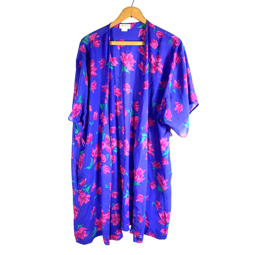 Vtg Barbizon Peignoir Set Nightgown Robe Chiffon Negligee Blue Floral Romantic L